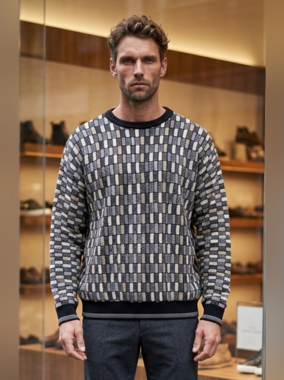 Men's Geometric Crewneck Sweater in Gray and Cream